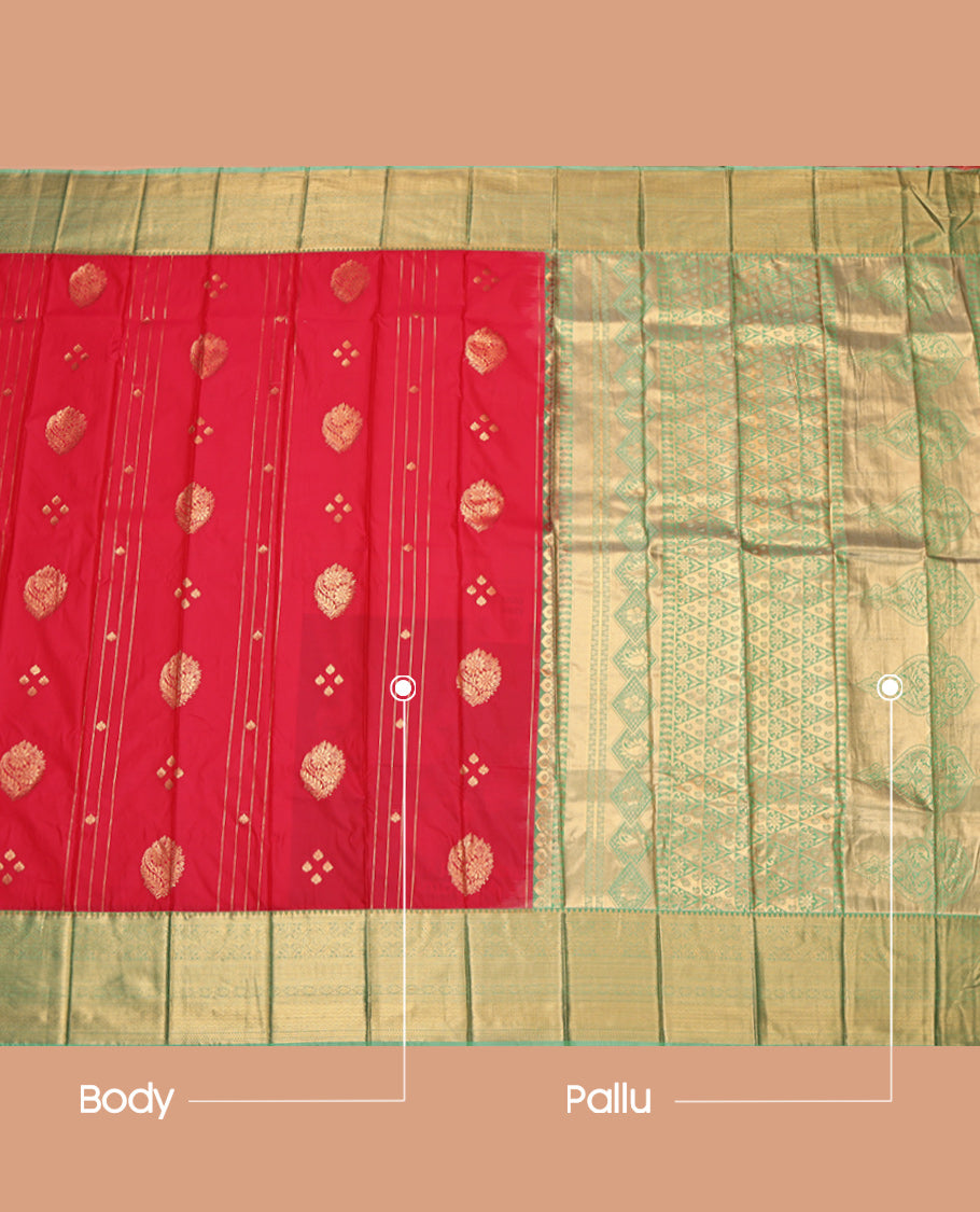 Rust Budget Silk Saree, Decorated with Zari Buttas, Complemented by Contrast Traditional Zari Border, Grand Pallu and a Contrast Blouse