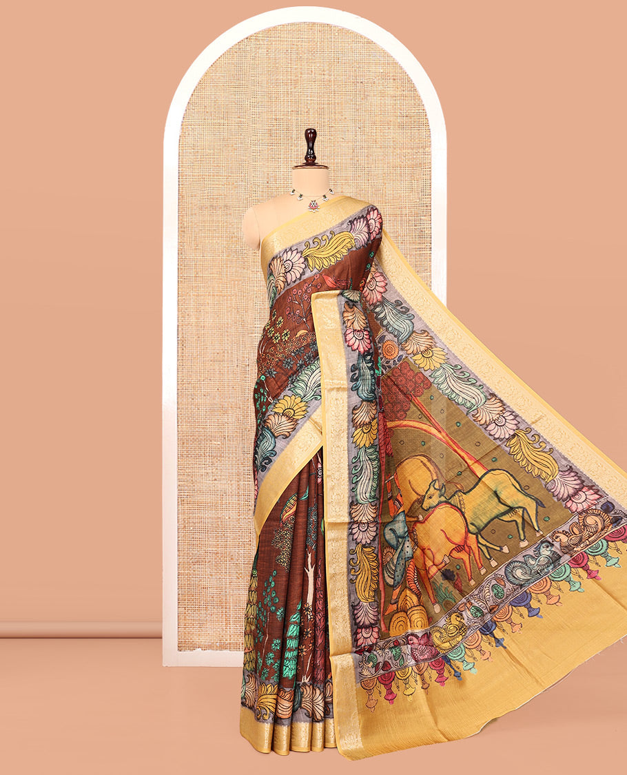 Brown Kalamkari Printed Semi-Banarasi Tussar Saree, Embellished with Floral Design, Contrast Border, Pallu of Lord Krishna Design, and a Contrast Blouse