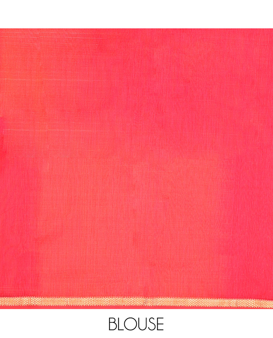 Red Maheshwari Cotton Saree, Uniquely Detailed with Diamond Buttas on Its Body, Highlighted by Piping Zari Design Border, Gleaming Pallu of Zari Stripes, and Paired with a Matching Blouse