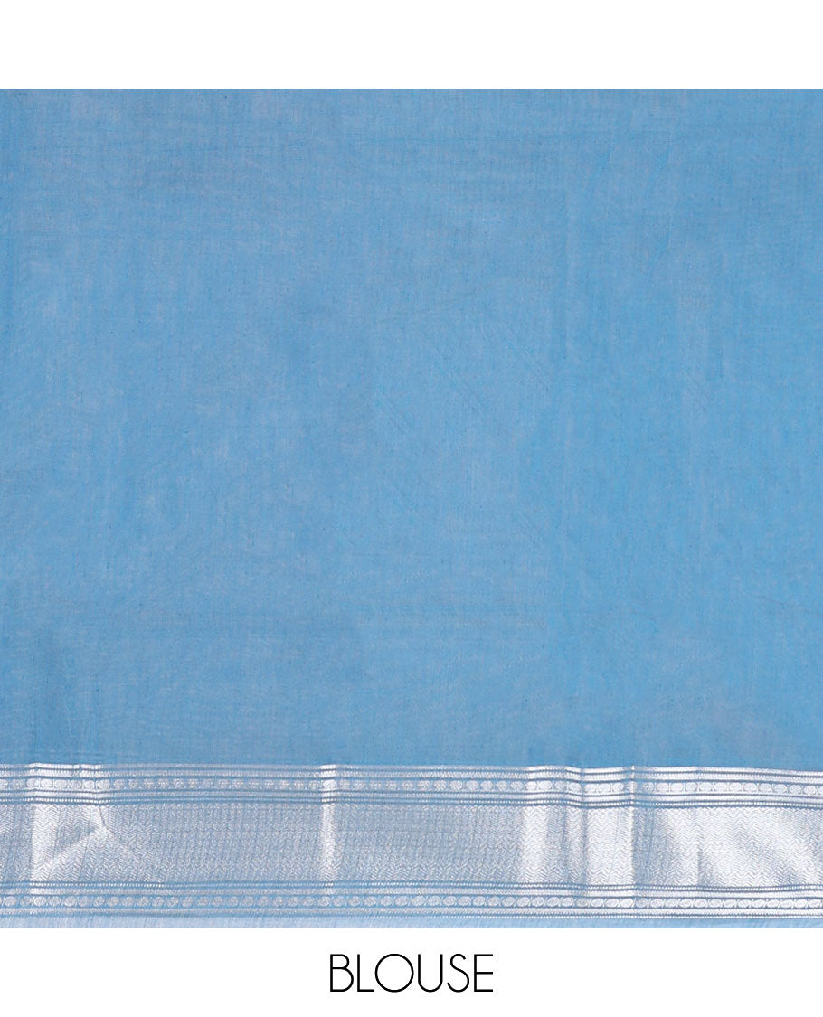 blue silver zari design silk cotton saree with double pad rudrashra border & rich pallu along with plain blouse