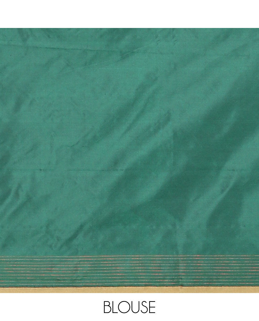 Pale brown striped half saree with contrast border, plain blouse & plain, checked border dhavani