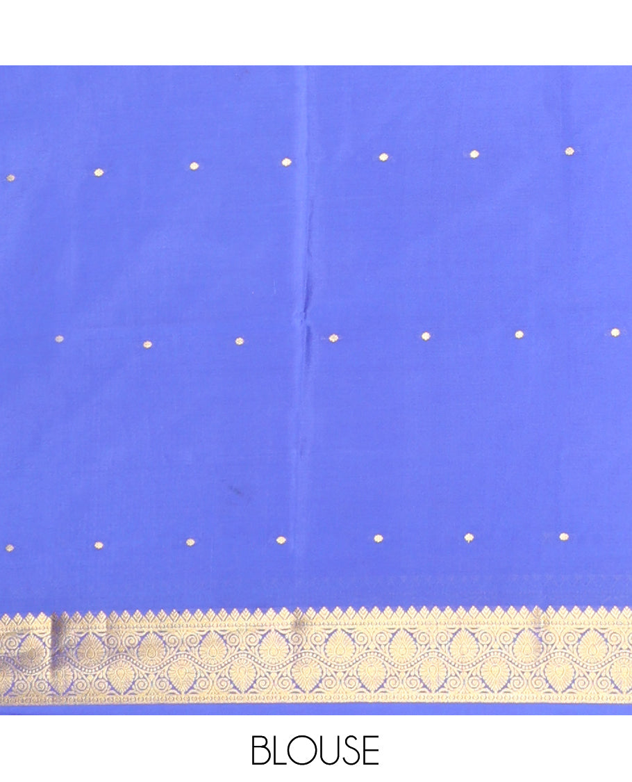 Green Zari Buttas Mysore Silk Saree, Complemented by a Contrast Traditional Zari Border, Zari Design Pallu, and a Contrast Blouse