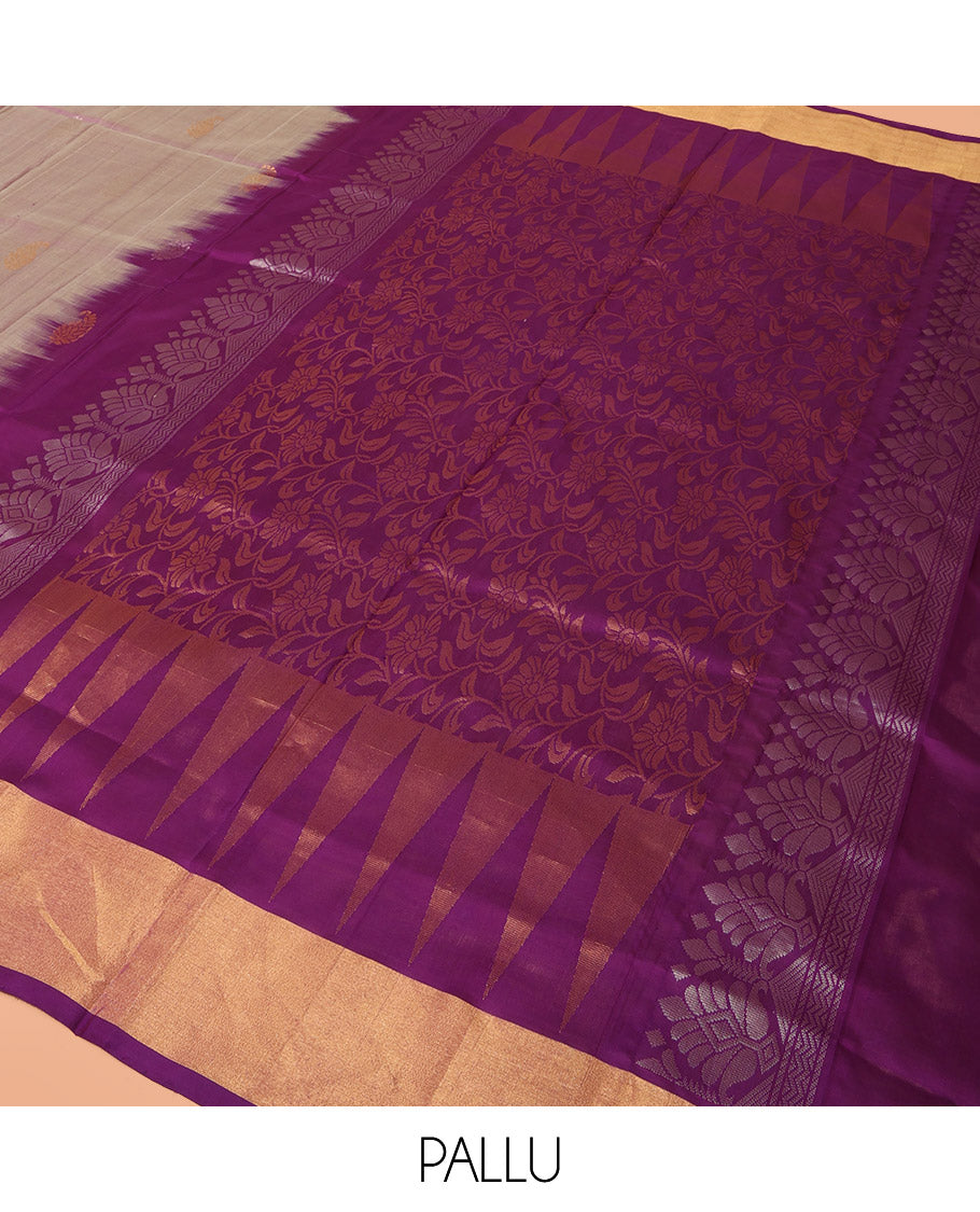 Pink Uppada Silk Saree Spotlighted with Paisley Buttas All Over Its Body, Complemented by Contrast Border of Temple and Chariot Designs, Grandly Woven Pallu of Temple Floral Vine Designs, and Paired with a Contrast Blouse