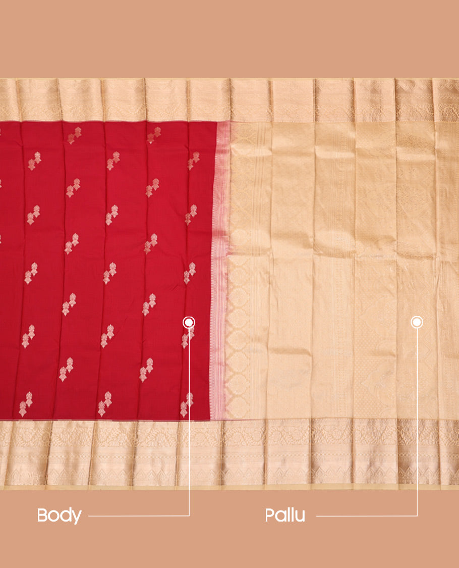 Red Budget Silk Saree, Accentuated with Zari Buttas, Complemented by a Contrast Traditional Zari Border, Grand Pallu, and a Contrast Blouse
