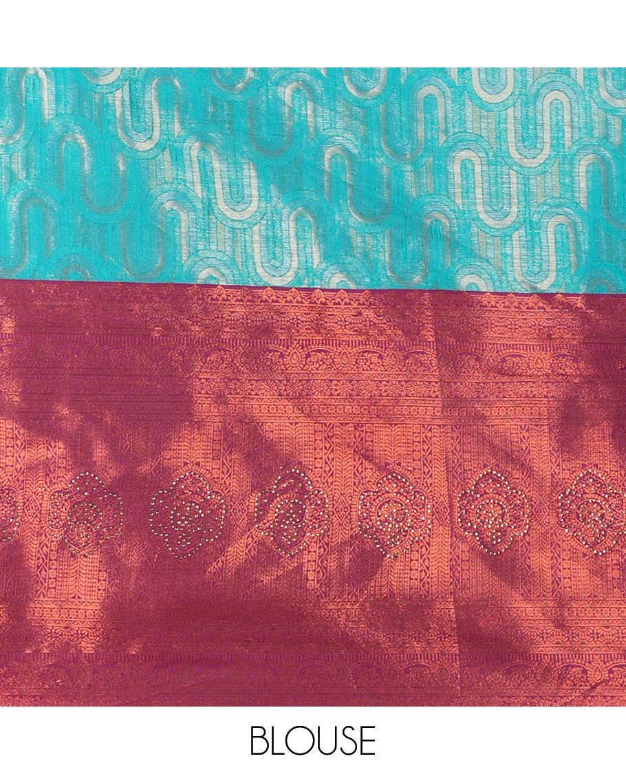 Light blue floral buttas half saree with contrast intricate zari design border, zari design blouse & floral zari design dhavavni
