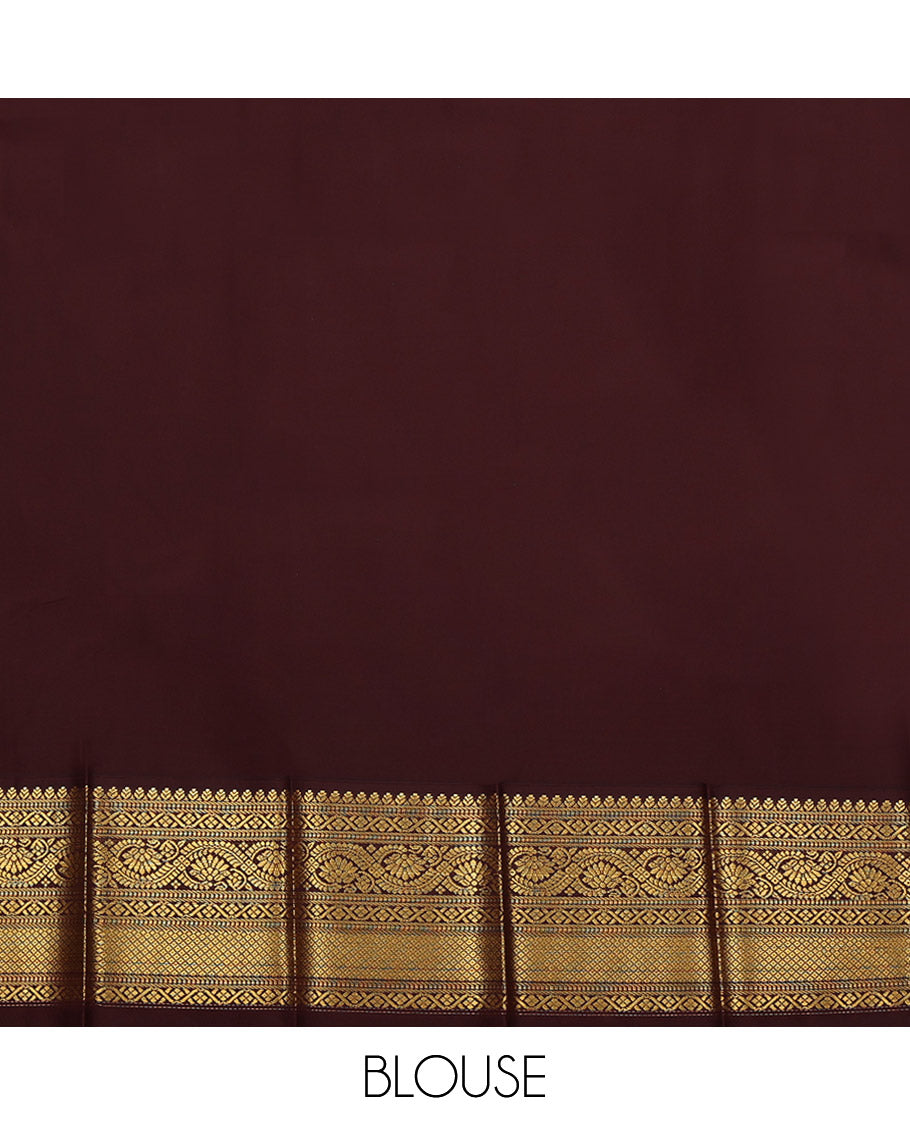 Red Budget Silk Saree, Spotlighted with Zari Buttas All Over Its Body, Complemented by Contrast Traditional Zari Design Border, Grand Pallu, and Paired with a Contrast Blouse