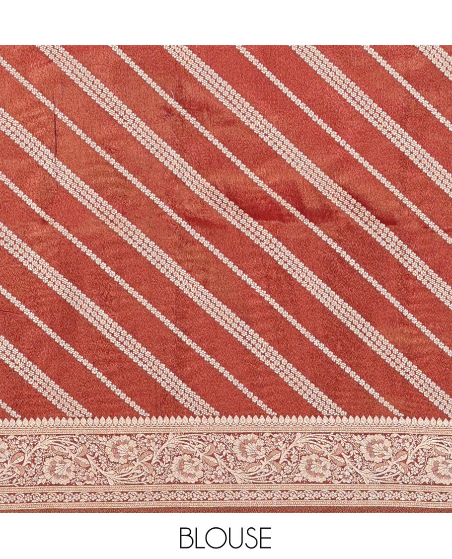 Cream-Maroon Semi-Banarasi Half-Saree Features Leheriya Striped Skirt, Contrast Leheriya Striped Blouse, Georgette Striped Dhavani