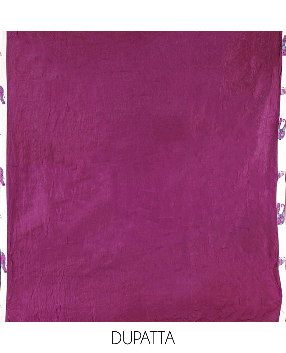 Cream-Purple Material Chudidar Features an Elephant-Umbrella Printed Top, a Contrast Bottom, Contrast Bordered Dupatta
