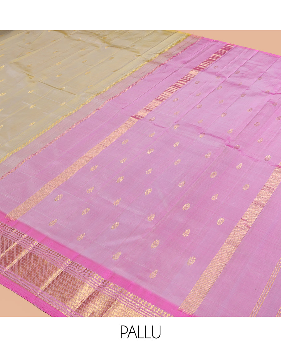 Green Kanchipuram Silk Saree, Embellished with Zari Buttas, a Contrast One-Sided Border of Paneer Sombu, Banaras, Muthu, and Mayil Kann Design, Zari Design Pallu, and No Blouse