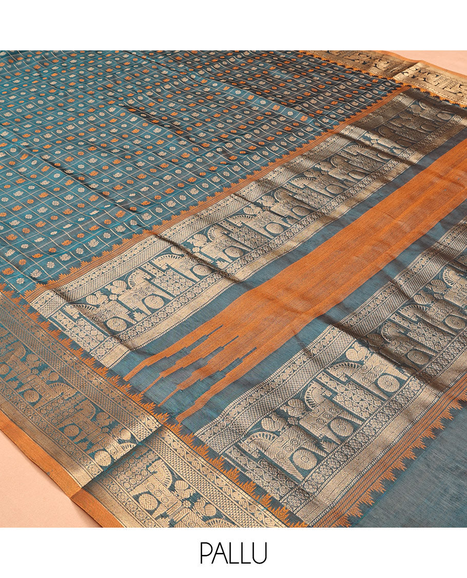 Blue Buttas-Checked Kuppadam Silk Saree, a Semi-Contrast Zari Border, Grand Pallu, a Matching Blouse