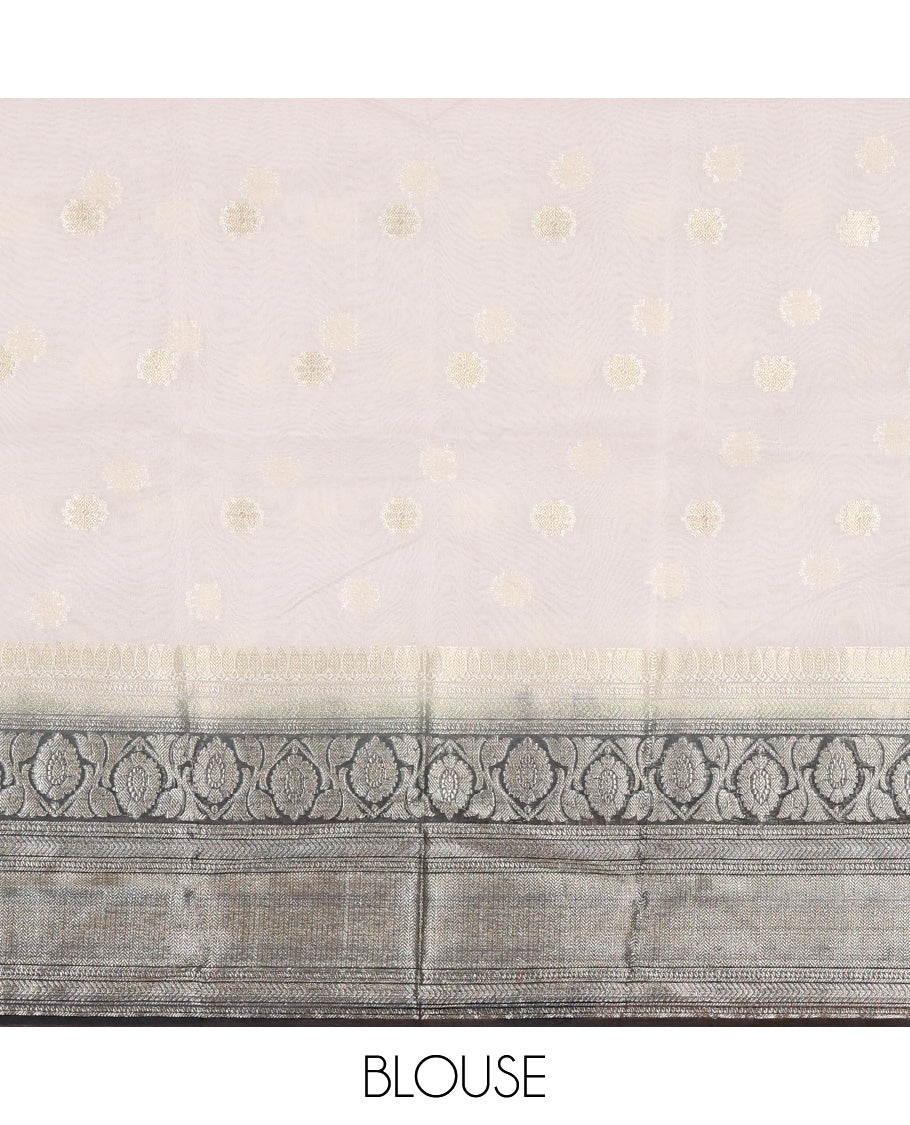Cream-Grey Organza Half-Saree Features Zari Buttas Skirt, Contrast Traditional Border, Matching Blouse, Contrast Dhavani