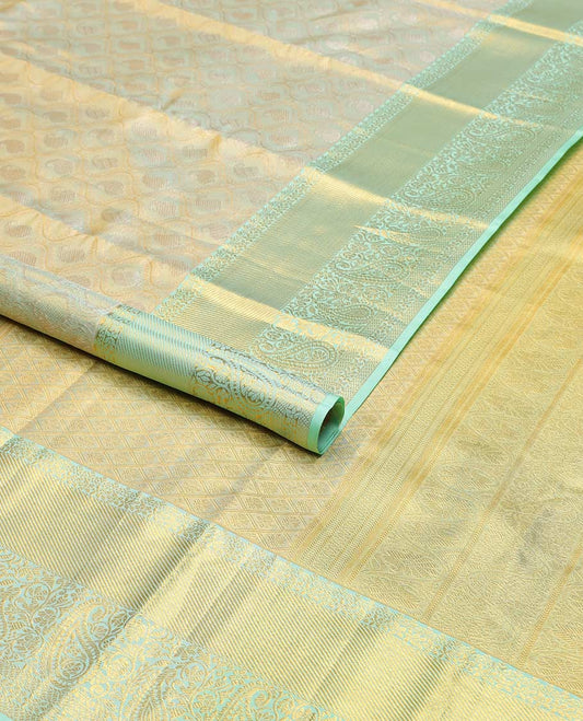 Mint green floral design kancheepuram tissue silk saree with contrast border of intricate zari design border & argyle design pallu