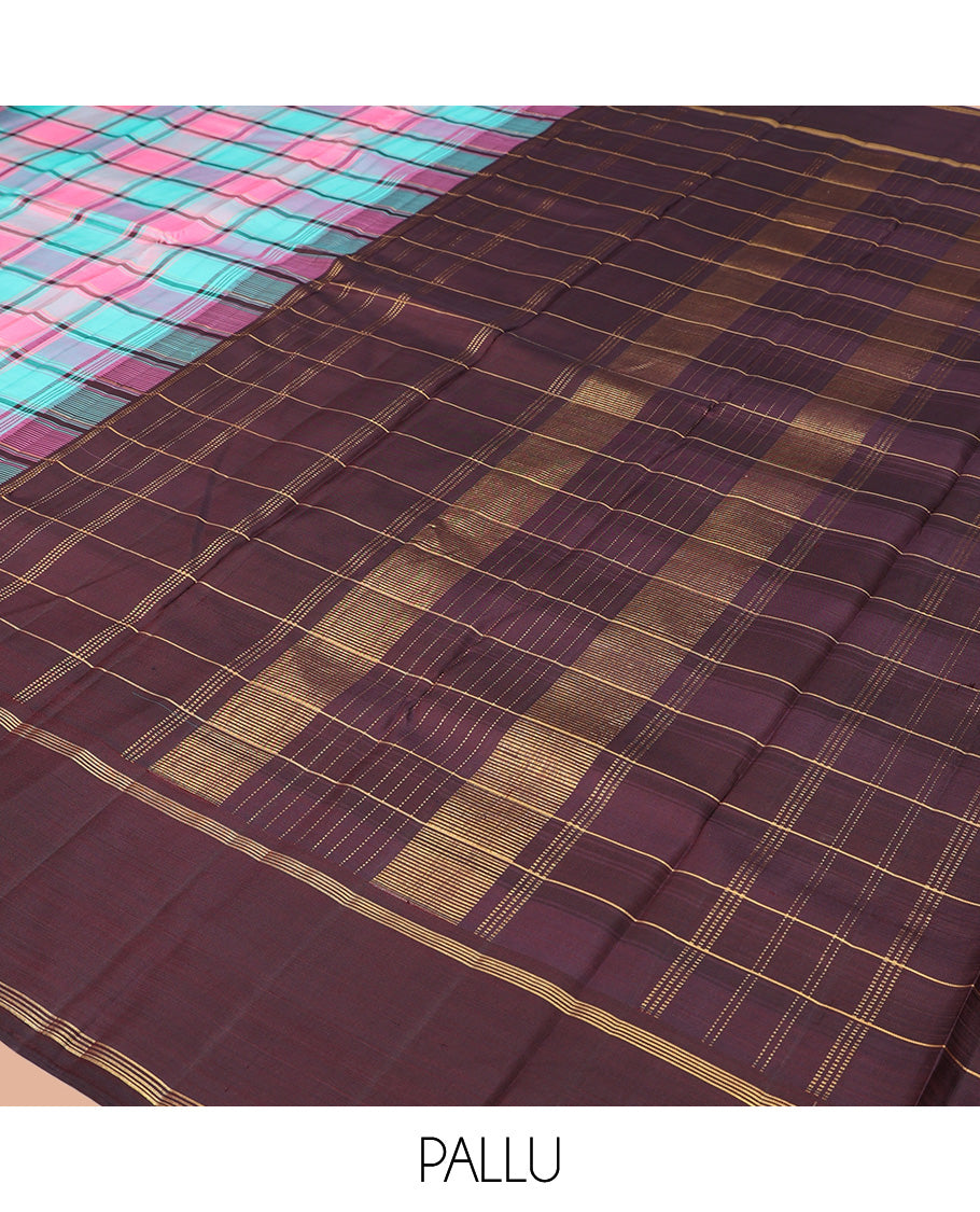 Multi-Color Checked Kanchipuram Silk Saree, Complemented by a Contrast Temple Bodi Border, Zari Striped Pallu, and Contrast Blouse