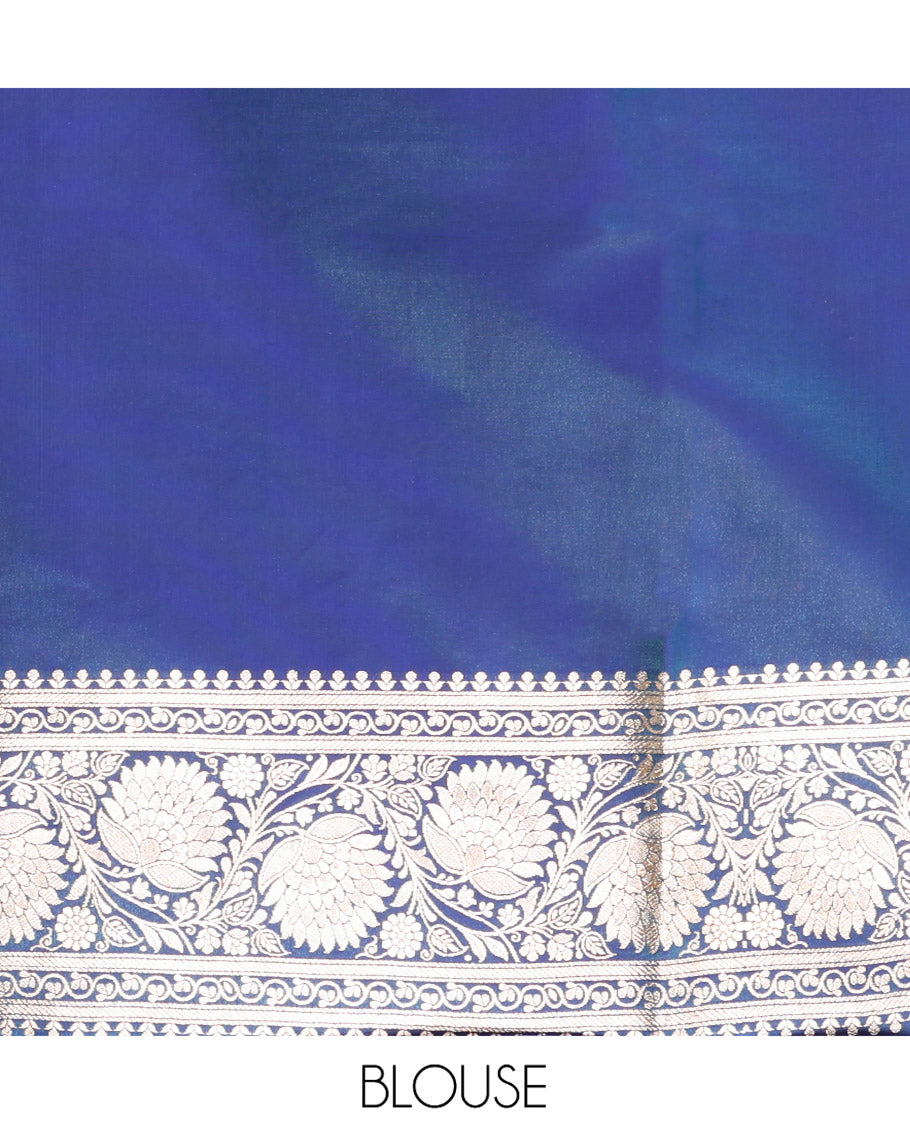 Blue Semi-Banaras Saree, Gracefully Embellished with Jaal Jacquard on Its Body, Highlighted by a Floral Creeper Design Border, Intricately Designed Zari Pallu, and Paired with a Matching Blouse