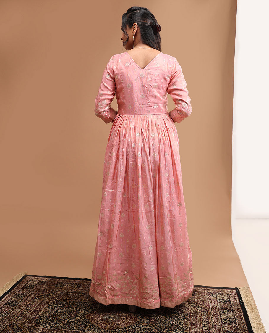 baby pink floral embroidered v neck, 3/4 th sleeve,floor length length top & floral zari design dupatta
