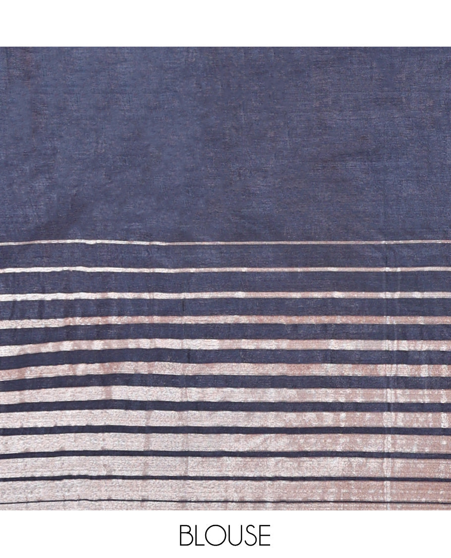 Borderless Dark Grey Tussar Silk Saree, Richly Detailed with Zari Stripes and Floral Buttas, Striped Pallu, and a Matching Blouse