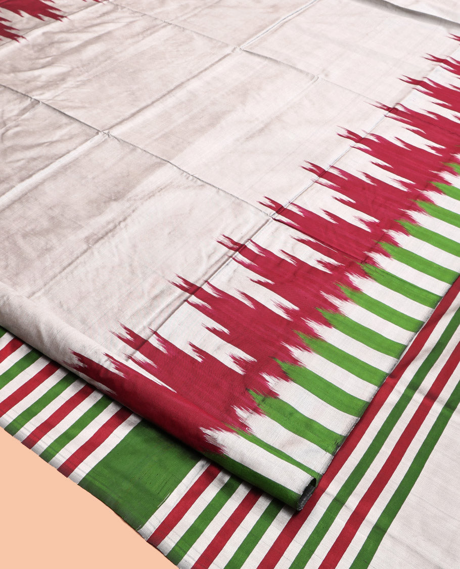 Grey Plain Pochampally Ikat Silk Saree, Complemented by a Contrast Ikat-Style Temple Border, Striped Pallu, and No Blouse