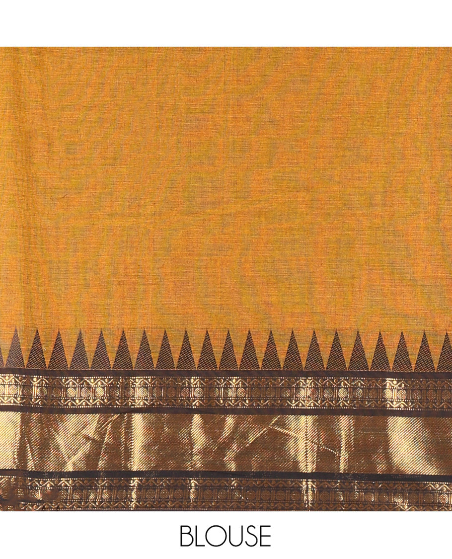 Mustard-Black Chettinad Cotton Half-Saree Set Featuring a Plain Skirt, Contrast Temple Traditional Design Border, a Matching Blouse, and a Contrast Zari-Bordered Dhavani