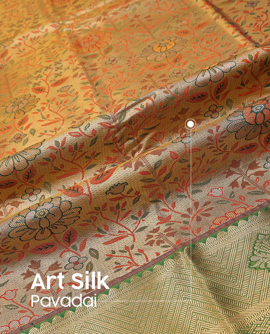 Sandal art silk pavadai material set, floral meenakari jacquard pavadai, contrast green blouse & traditional zari border