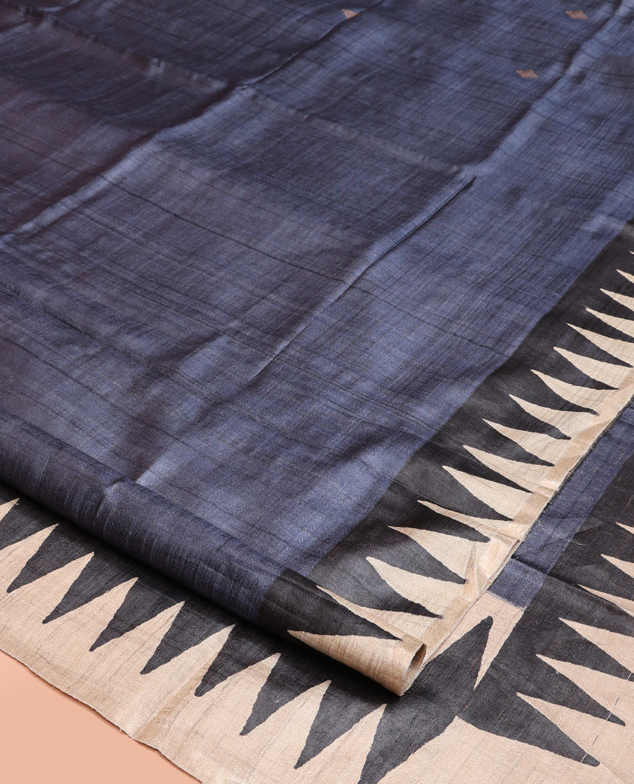 Grey Tussar Silk Saree, Meticulously Crafted with Half-And-Half-Style Checked Design on Its Body, a Contrast Temple Border, Temple Design Pallu, and Paired with a Contrast Blouse
