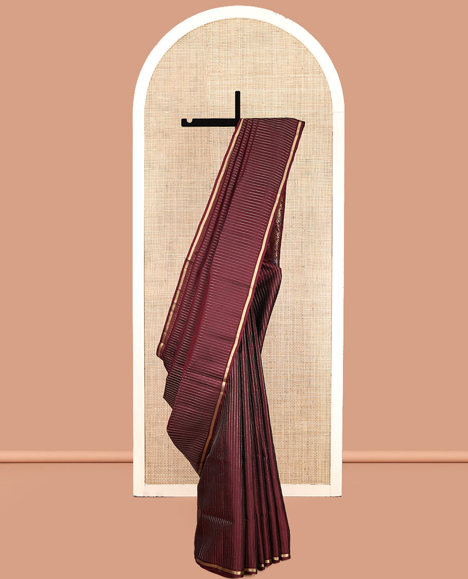 Maroon Mayuri Lite Silk Mix Saree, Highlighted by Muthu Zari Stripes, a Subtle Piping Border, Pallu Steeped with Parrot Designs, and a Matching Blouse