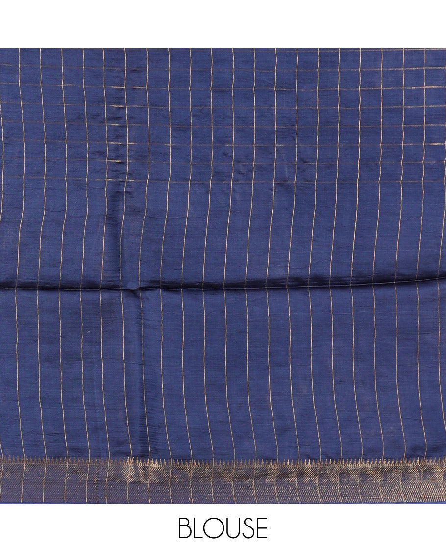 Blue Banana Pith Saree, Gleamed Up with Checks and Buttas, a Zari Temple Border, Striped Pallu, and Matching Blouse