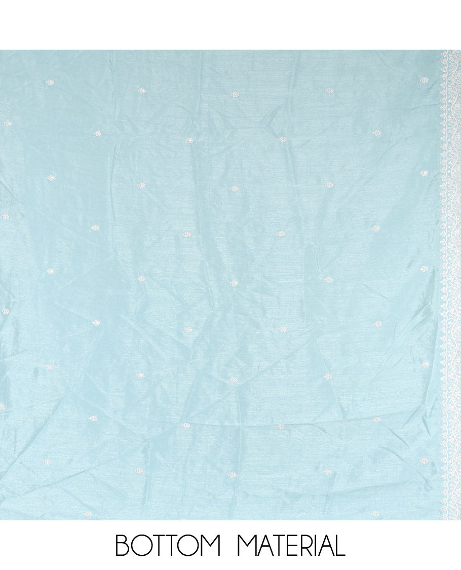 Sky Blue Material Chudidar Set, Delicately Woven with Thread Embroidered Motifs Woven on Mul Chanderi Top, a Mul Chanderi Bottom, Paired with Thread-Embroidered Mul Chanderi Scallop-Bordered Dupatta