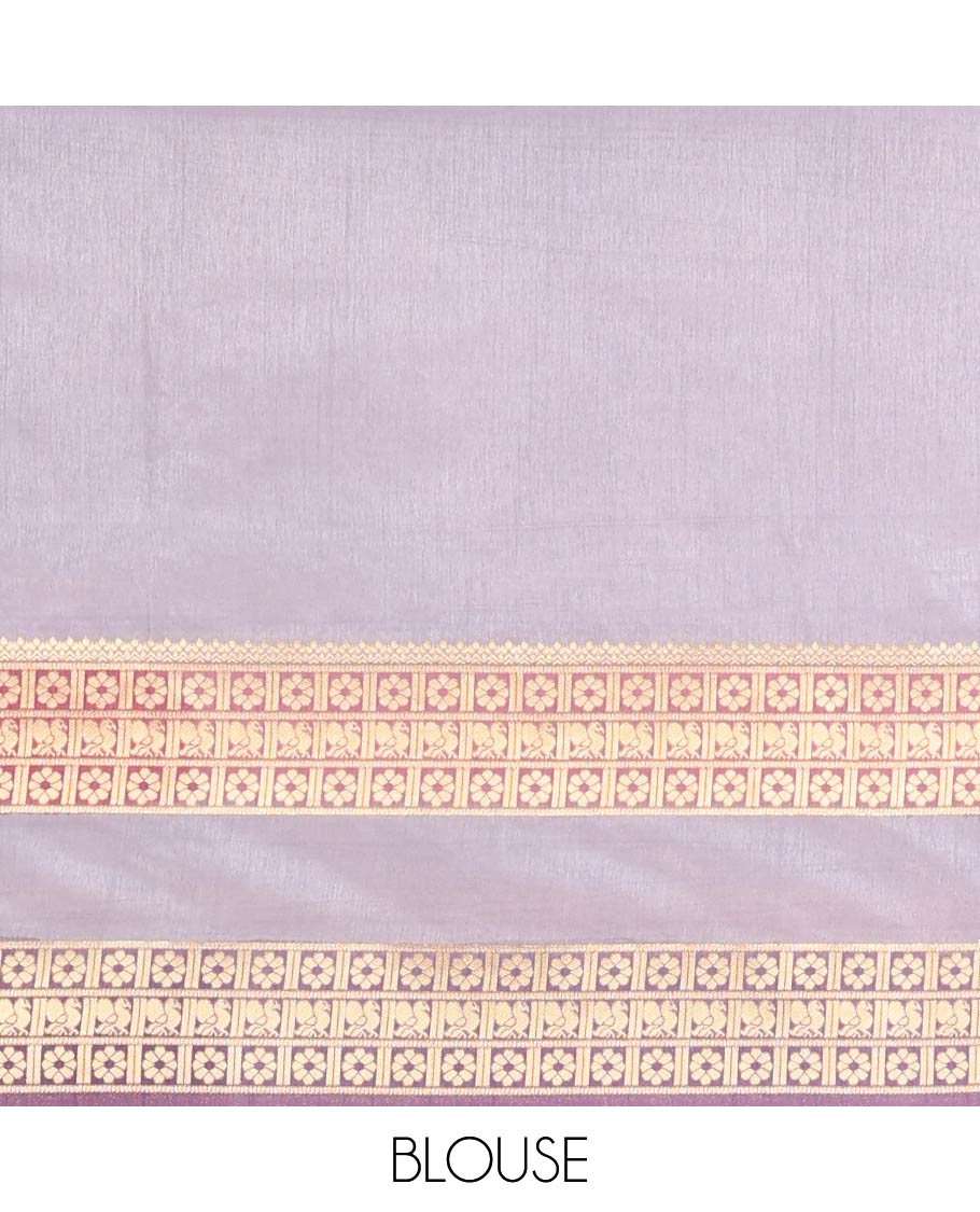 Grey Fancy Raw Silk Saree, Subtly Woven with Buttas, Peacock-Flower Traditional Border, and a Matching Blouse