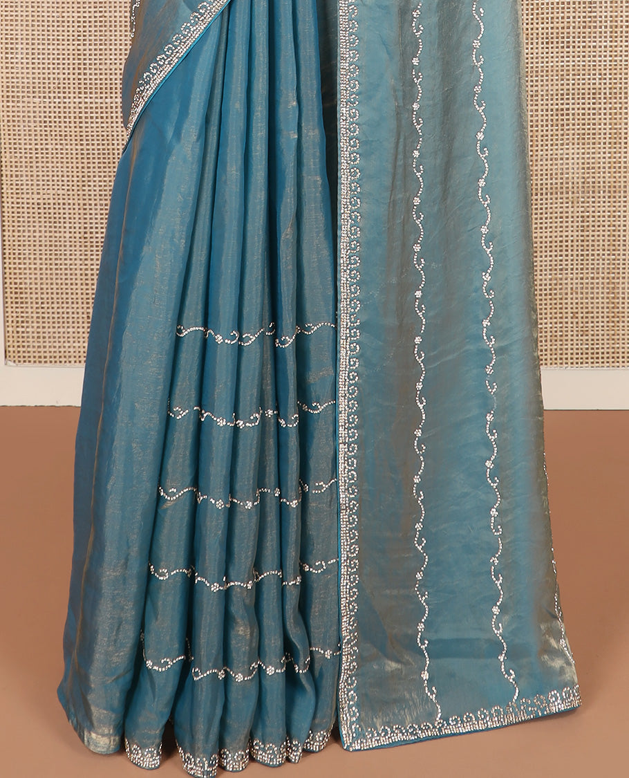 Blue floral creeper micro stone work designer saree, micro-stone work border, and floral creeper micro stone work pallu