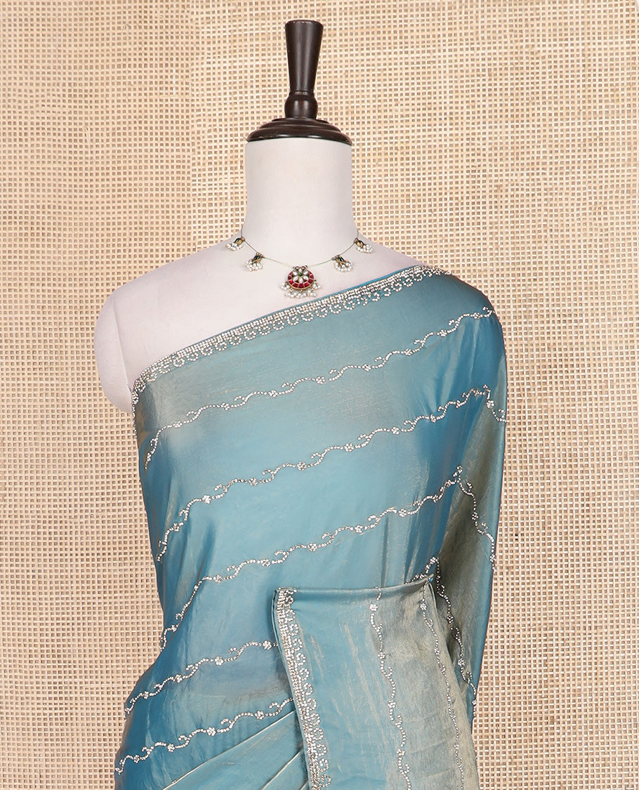 Blue floral creeper micro stone work designer saree, micro-stone work border, and floral creeper micro stone work pallu