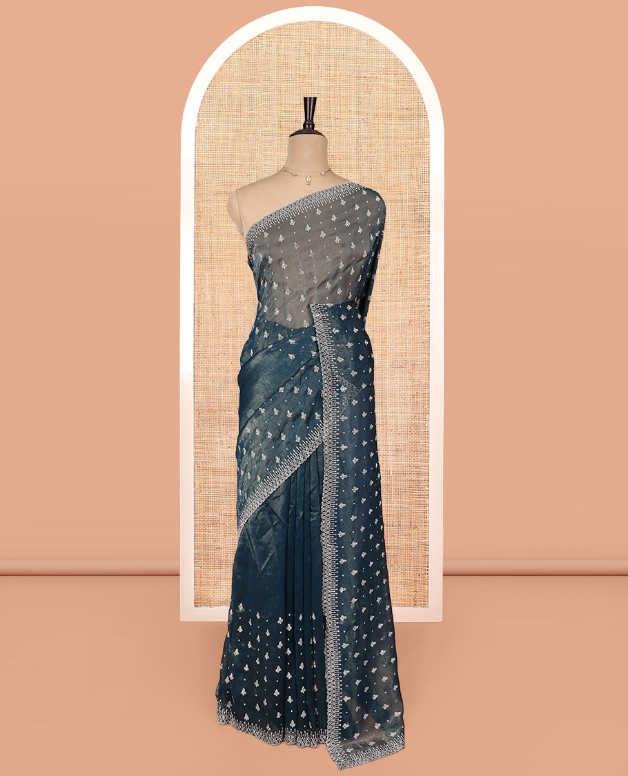 Blue Designer Saree, Beautified with Stonework Buttas, a Scallop Stonework Border, and Matching Blouse