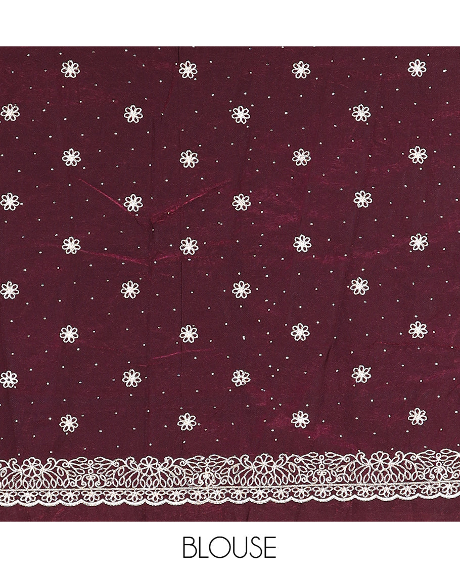 Wine Velvet Organza Half-Saree with Glitter Work Skirt, Embroidered Border, a Matching Blouse, and Contrast Embroidered Dhavani