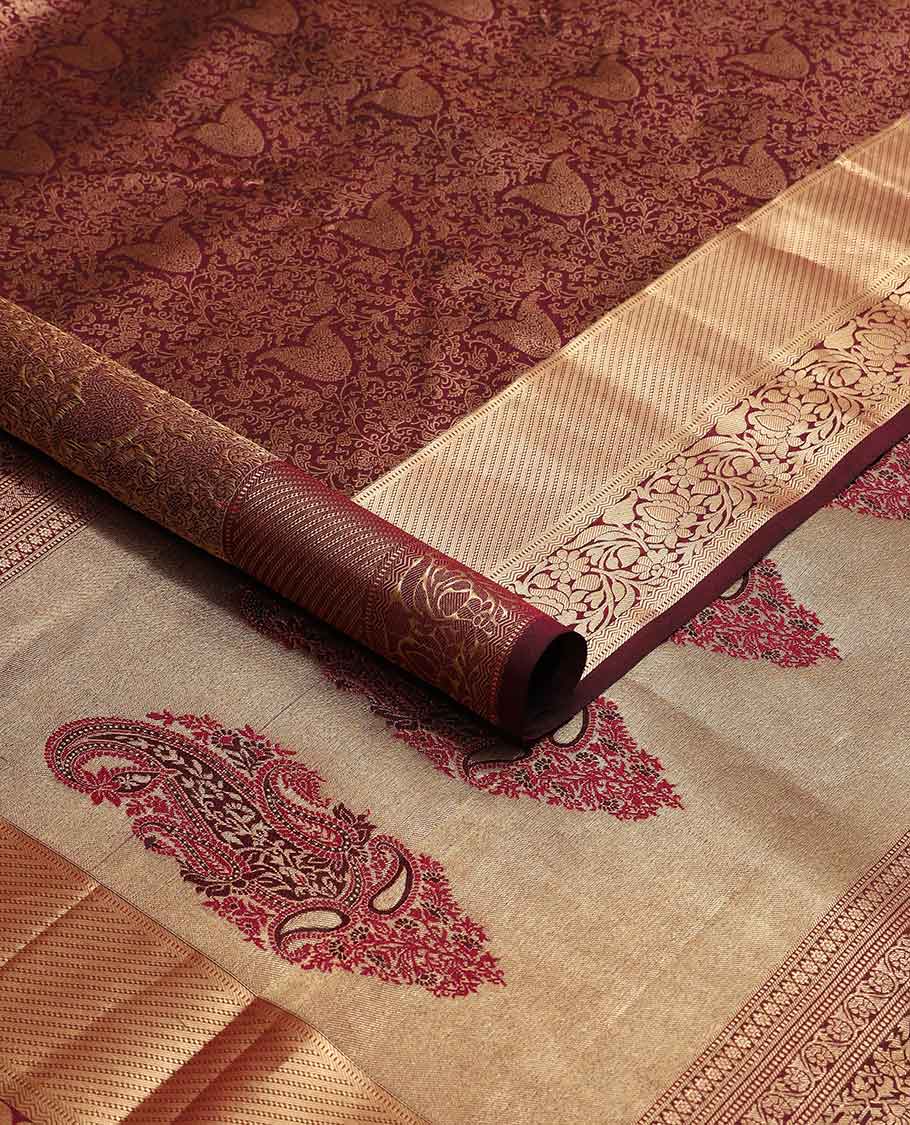 Moroon floral jacqaurd kancheepuram silk saree with self border of muthu, banaras, floral design & zari design pallu