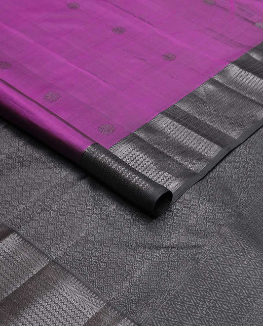 Violet buttas kancheepuram silk saree, contarst border of thilakam mokku, muthu, banaras design & zari design pallu