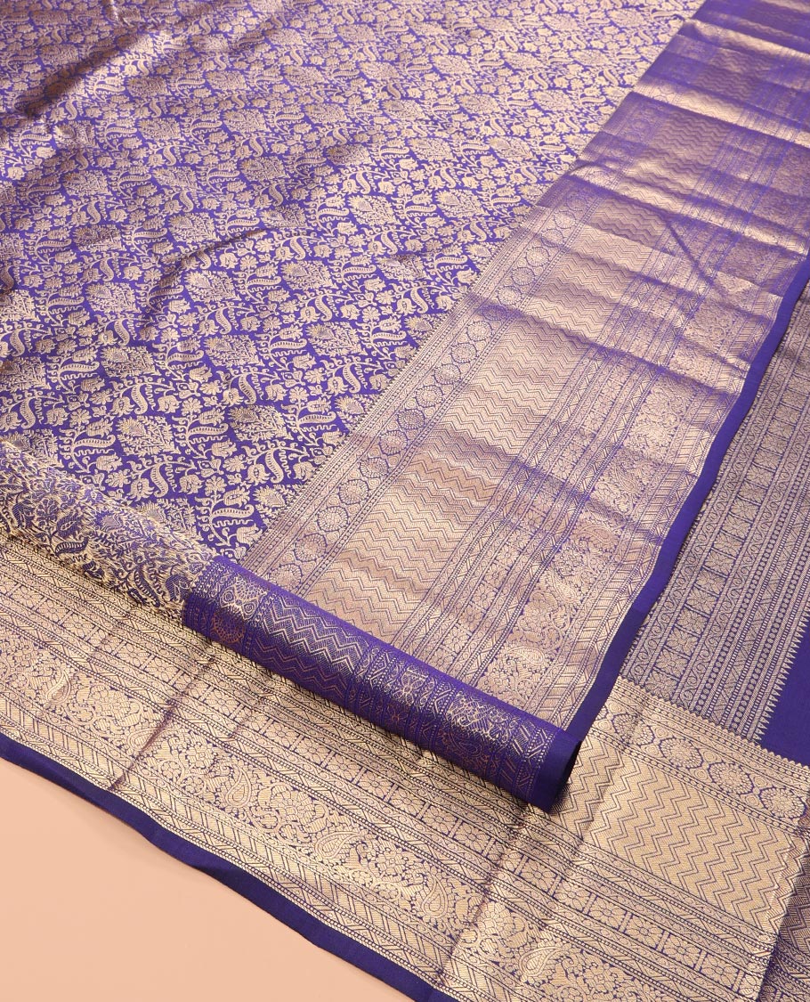 Violet Kanchipuram Wedding Silk Saree, Decked Up with Jacquard Design, a Zari Border Steeped with Traditional Designs, Manga Design Pallu, and a Matching Blouse