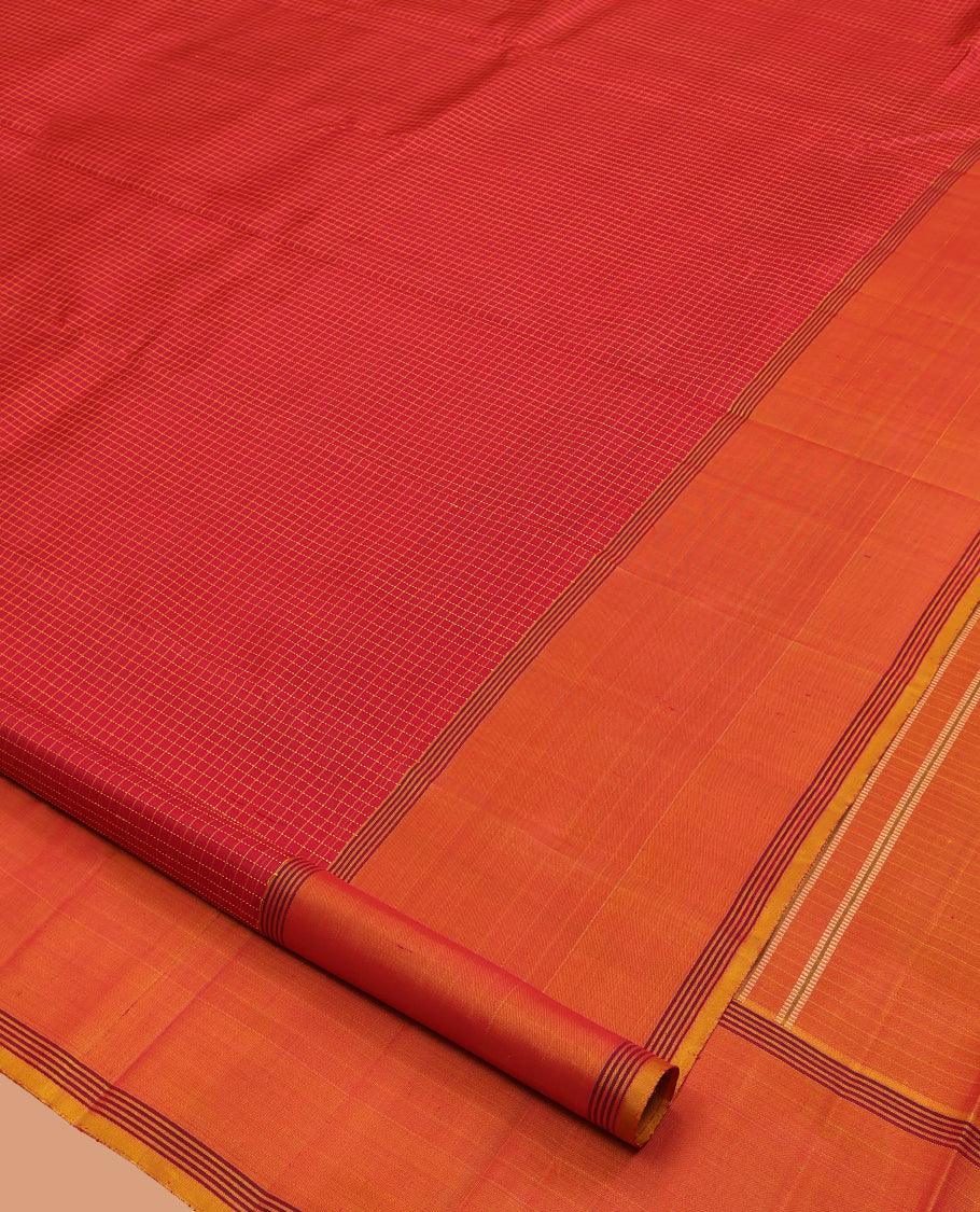 Red Muthu Kattam Kanchipuram Silk Saree, Complemented by Contrast Bodi Border, Striped Pallu, and a Contrast Blouse