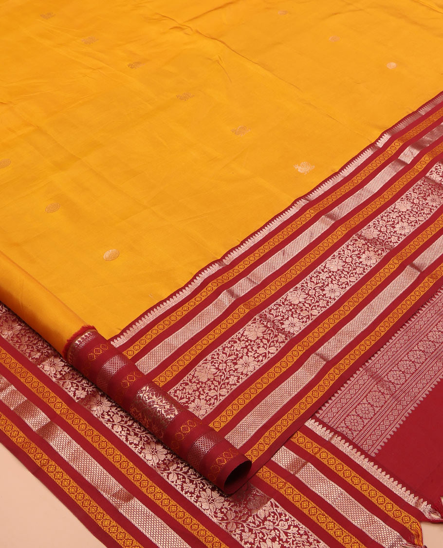 Mustard Mayil-Chakra Buttas Vasundhara Lite Silk Mix Saree, Contrast Traditional Zari Border, and a Contrast Blouse