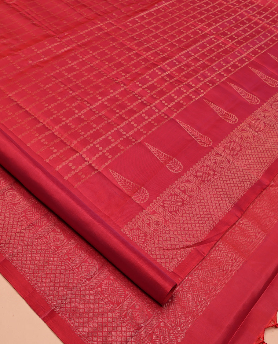 Red Mayuri Lite Silk Mix Saree, Sparsely Woven with Checked Design All Over Its Body, Highlighted by a Zari Traditional Border, Sparsely Woven Pallu, and Paired with a Matching Blouse