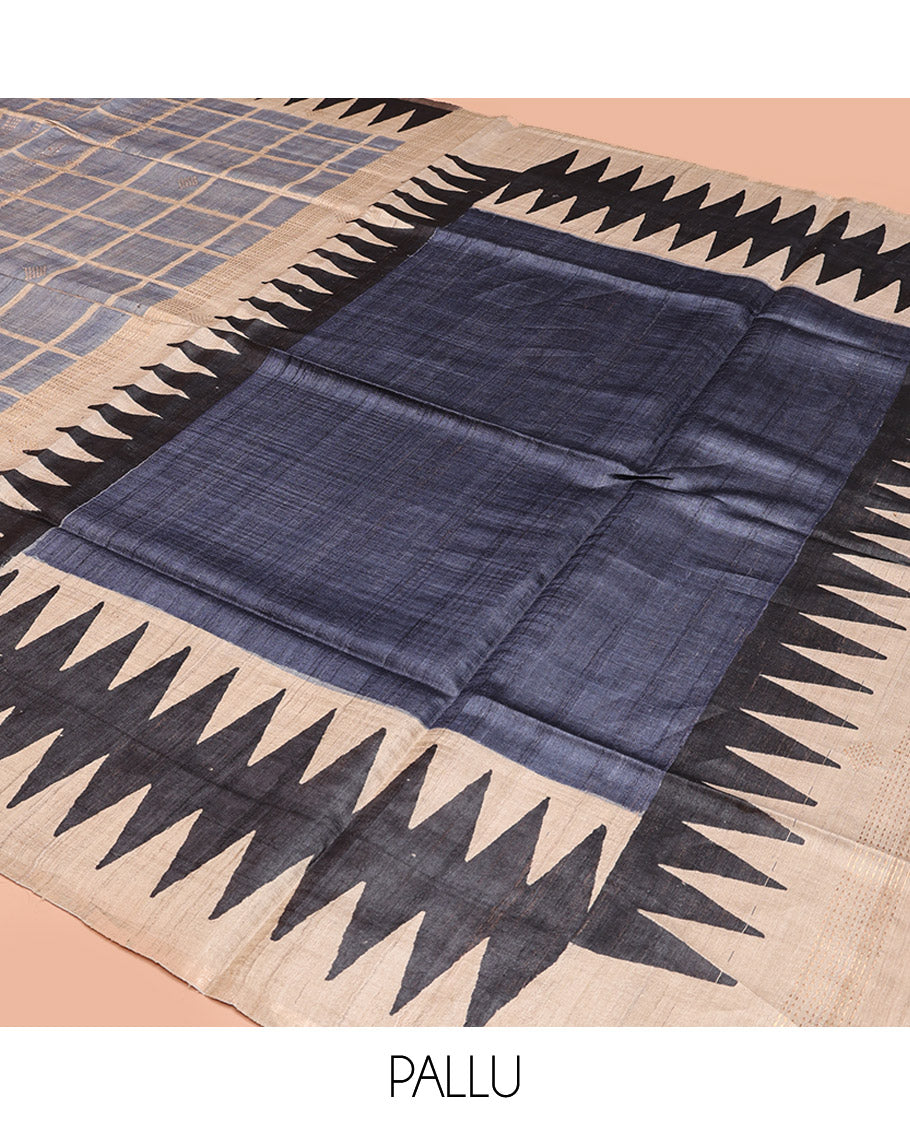 Grey Tussar Silk Saree, Meticulously Crafted with Half-And-Half-Style Checked Design on Its Body, a Contrast Temple Border, Temple Design Pallu, and Paired with a Contrast Blouse