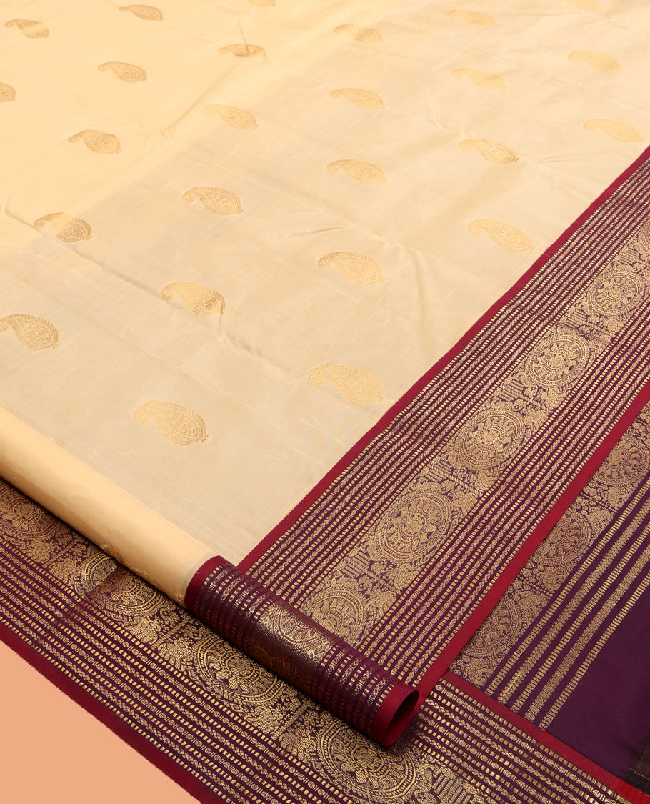 Cream Vasundhara Lite Silk Mix Saree, Subtly Sparkled with Zari Buttas, a Contrast Border of Muthu, Paisa, Yaanai, Mayil, and Chakram Designs, Grand Pallu, and a Contrast Blouse