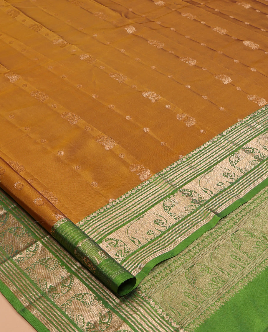 Brown Zari Buttas Vasundhara Lite Silk Mix Saree, Contrast Yaali-Yaanai Border, Jaal Pallu, Contrast Blouse