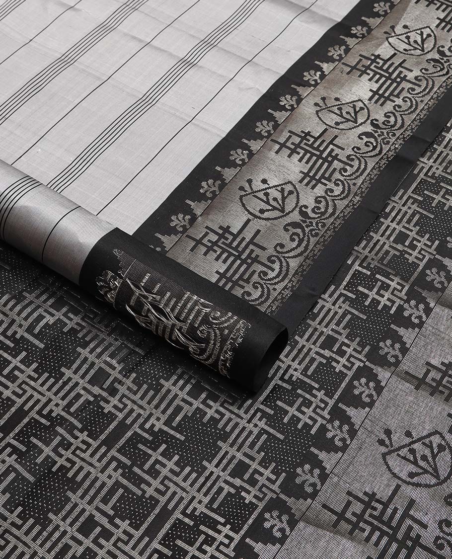 Grey striped mayuri soft silk saree with contrast intricate design border & abstract design pallu