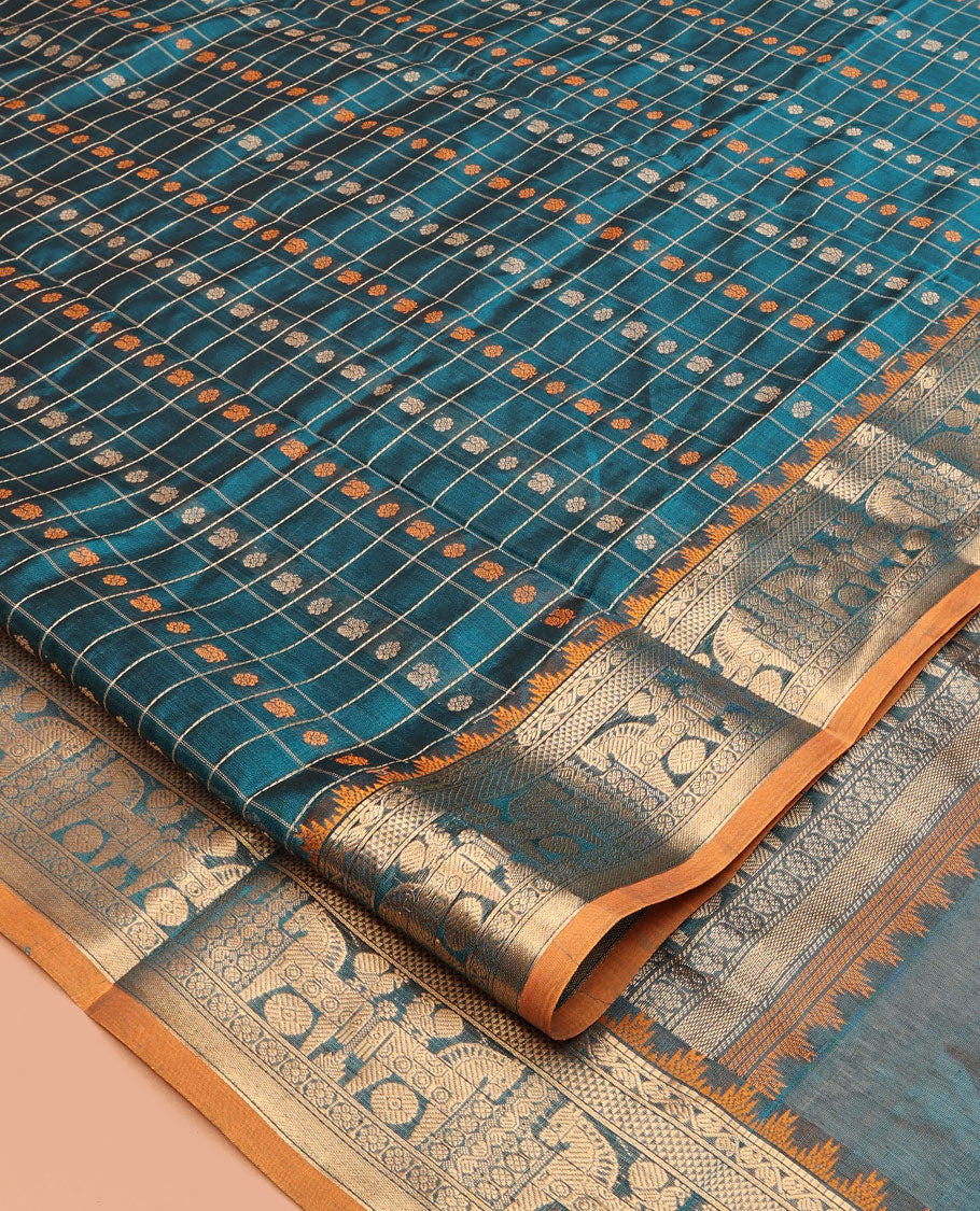 Blue Buttas-Checked Kuppadam Silk Saree, a Semi-Contrast Zari Border, Grand Pallu, a Matching Blouse