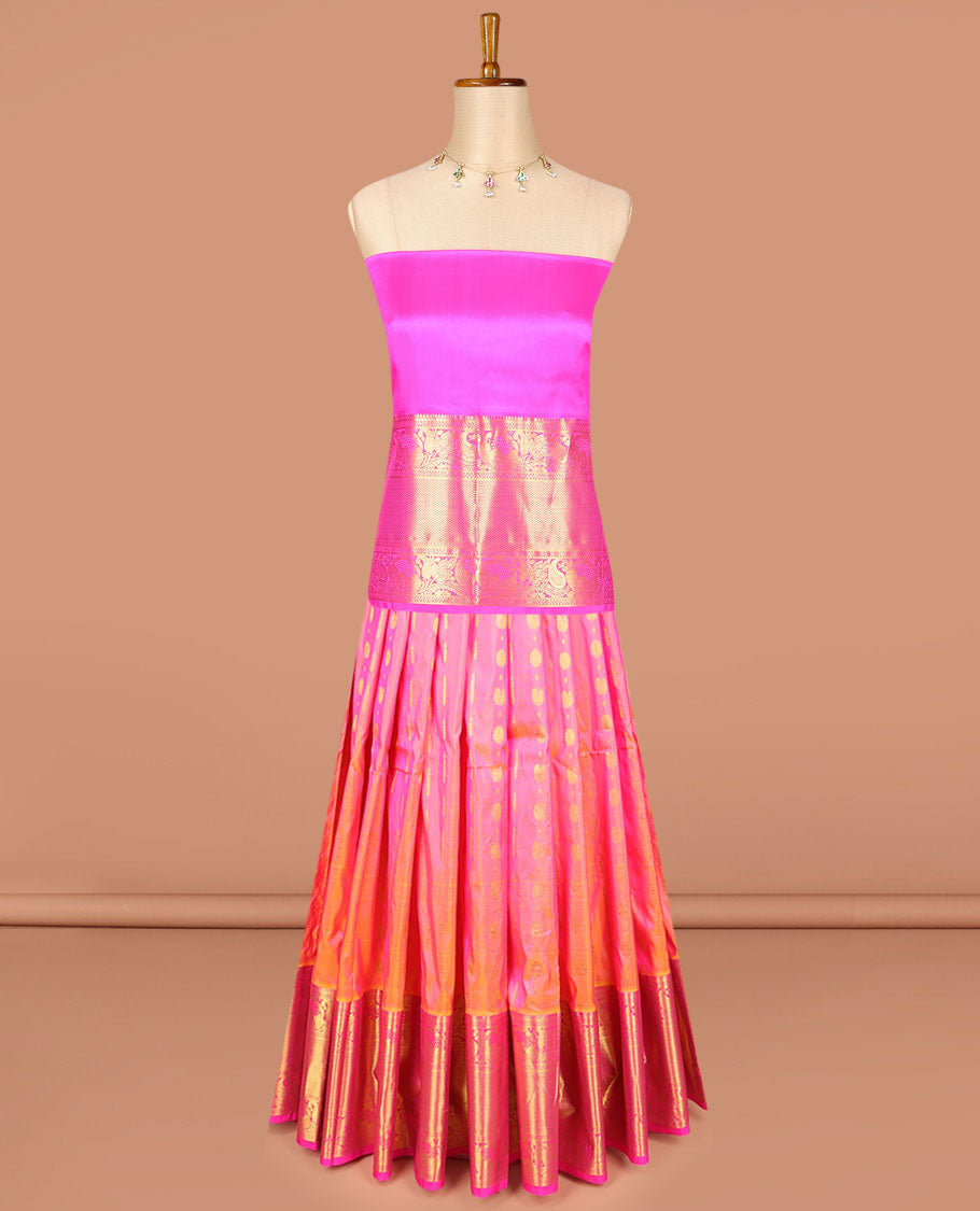 Pink buttas silk half saree with contrast border of banaras, manga design,zari design blouse & zari design border dhavani