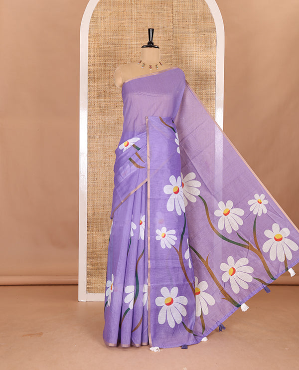 Borderless lavender floral design chanderi cotton saree , floral vine printed pallu and small floral printed blouse
