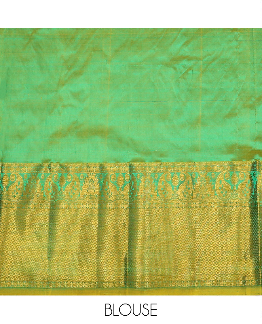 Blue Pure Silk Half-Saree Gracefully Highlighted with Zari Designs on Its Skirt, Complemented by a Contrast Border Featuring Neli, Manga, Rekku, Rudraksham, and Mayil Kann, Comes with a Contrast Blouse and a Dhavani of Butta Enclosed Jaal Designs