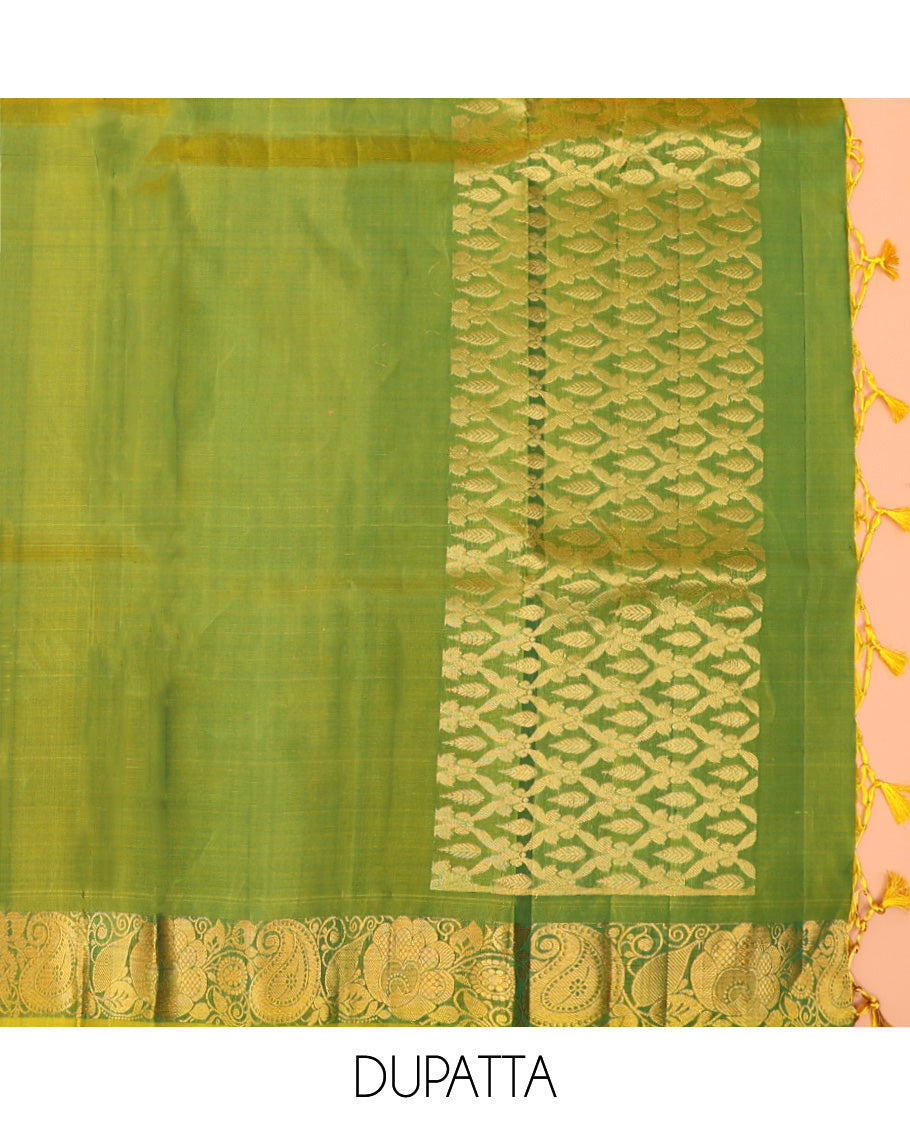 Blue Pure Silk Half-Saree Gracefully Highlighted with Zari Designs on Its Skirt, Complemented by a Contrast Border Featuring Neli, Manga, Rekku, Rudraksham, and Mayil Kann, Comes with a Contrast Blouse and a Dhavani of Butta Enclosed Jaal Designs