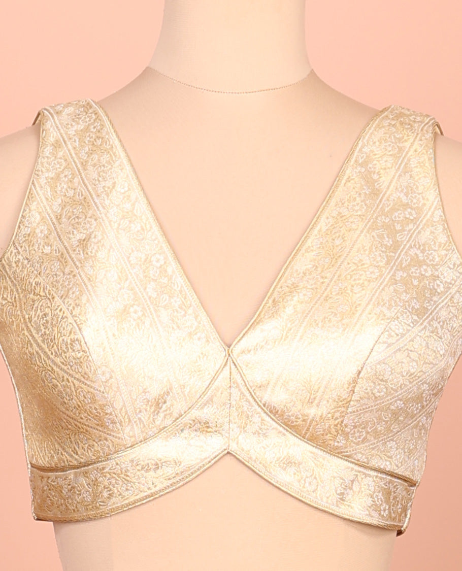 Gold floral brocade front-back deep V-neck sleeveless readymade blouse