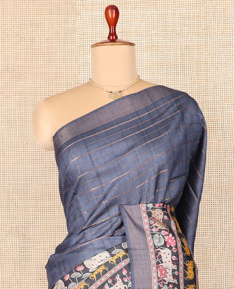 Grey striped and Pichwai cow and lotus printed tussar silk saree, striped border, and self-pallu