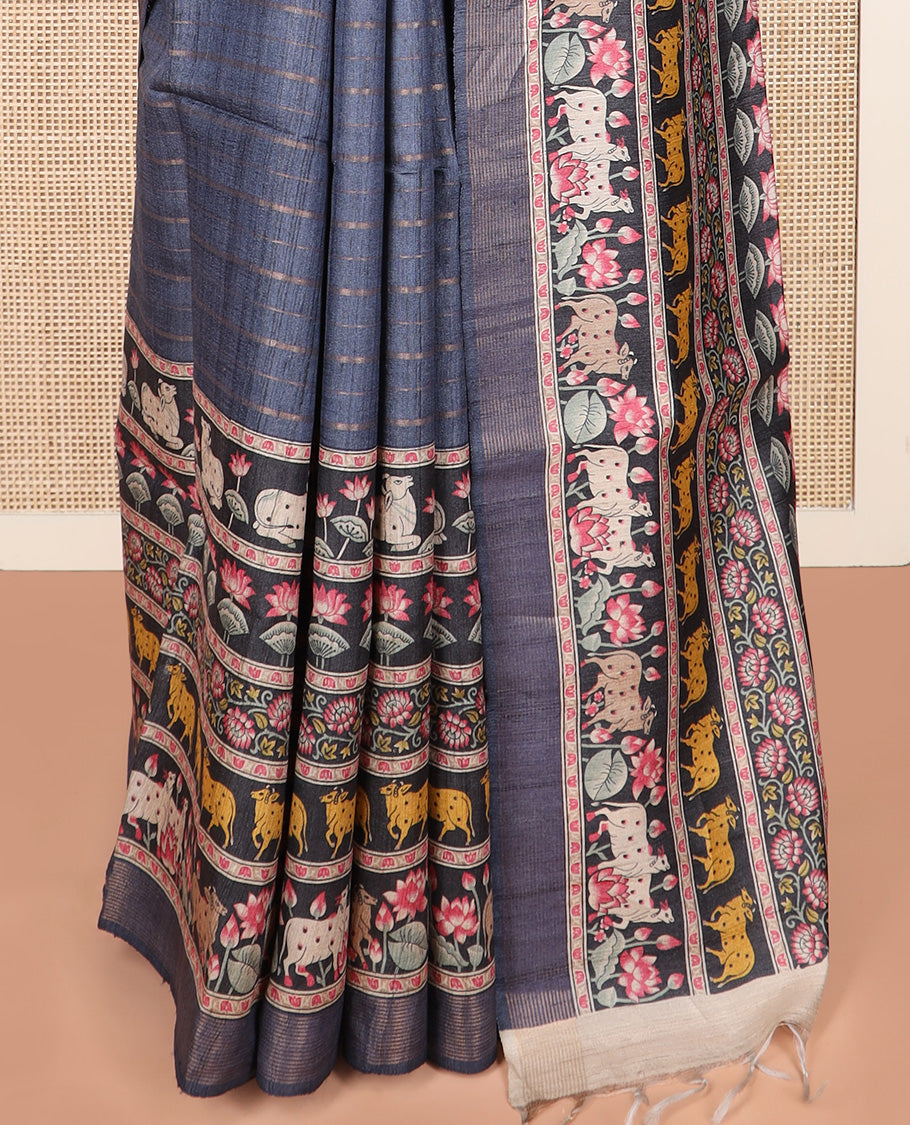 Grey striped and Pichwai cow and lotus printed tussar silk saree, striped border, and self-pallu